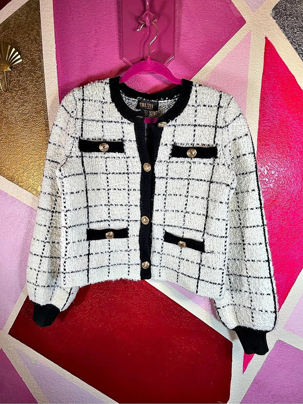 Truth by Republic Cream Boucle Plaid Cardigan Jacket Gold Buttons XS